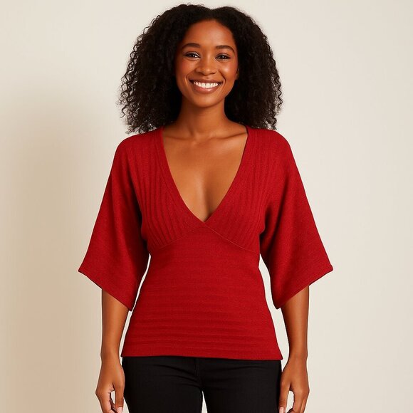 New York & Company Tops - New York & Company Women's Red Sparkle V-Neck Elbow Sleeve Knit Top Size Small